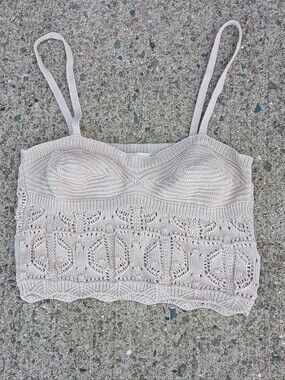 Pink Rose Crochet Knit Camisole in Light Beige Size S